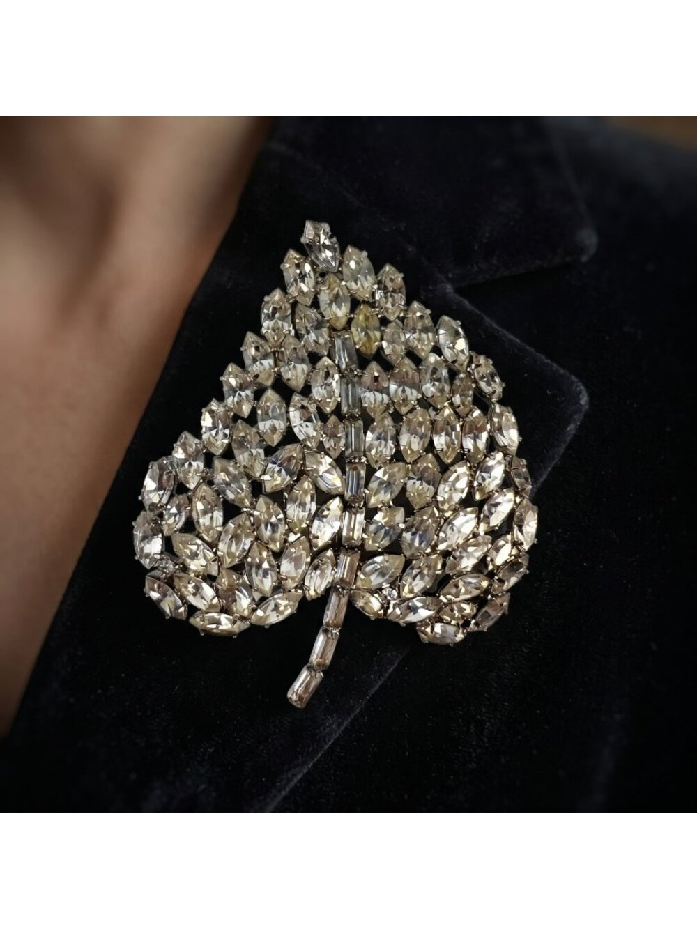Vintage Clear Rhinestone Leaf Brooch | Large Silver Tone Marquise & Baguette Cry